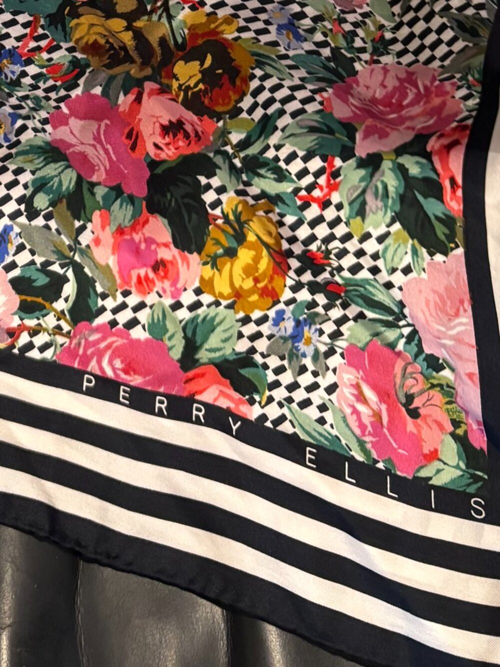 Perry Ellis Silk Flowered Scarf - BEautiful black and pink pattern 38" x 38" squ